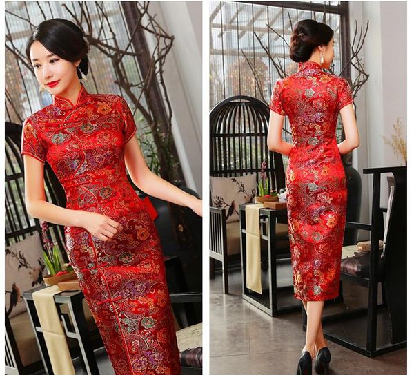 Heißer Verkauf im neuen chinesischen Stil Vintage Damen Seidensatin Lange Cheongsam Stickerei Blumenröcke Damen Freizeitkleid Hochzeit Abend Party Kleider Größe S-5XL