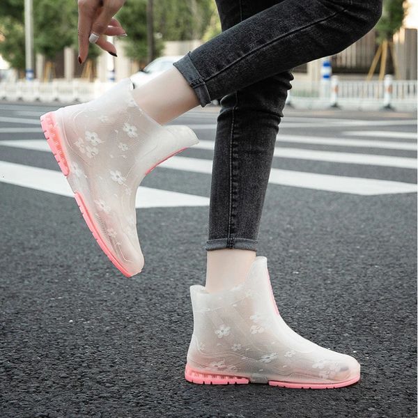 Botas de borracha transparentes mulheres sapatos de chuva à prova d' água trabalho jardim galochas mulher moda botas de chuva pesca antiderrapante sapato de cozinha 240228