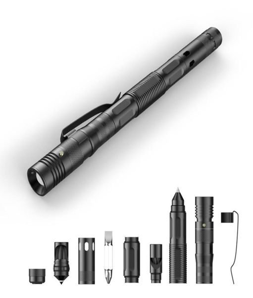Светодиодный фонарик, тактическая ручка, многофункциональный инструмент в стиле милитари, самооборона для женщин и мужчин, открывалка для бутылок, шариковые ручки Batt7674353