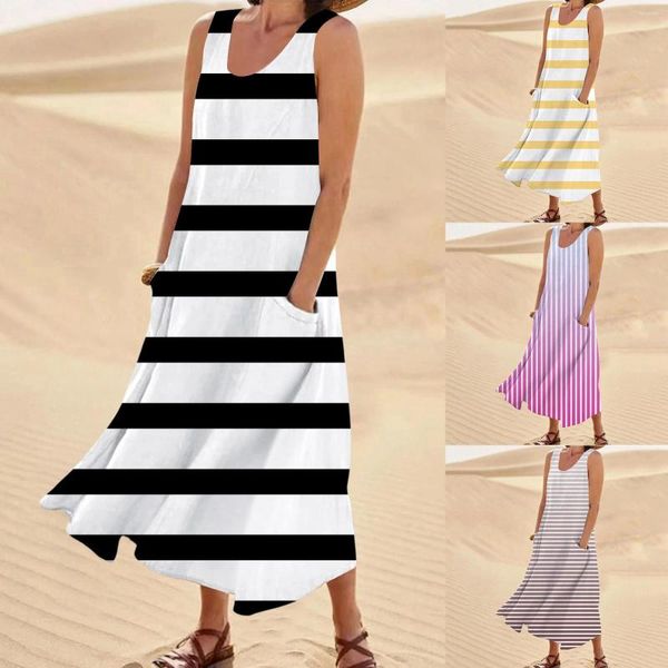 Abiti casual Prendisole da spiaggia per donna Abito lungo con gilet lungo tascabile con stampa a farfalla e girocollo da donna