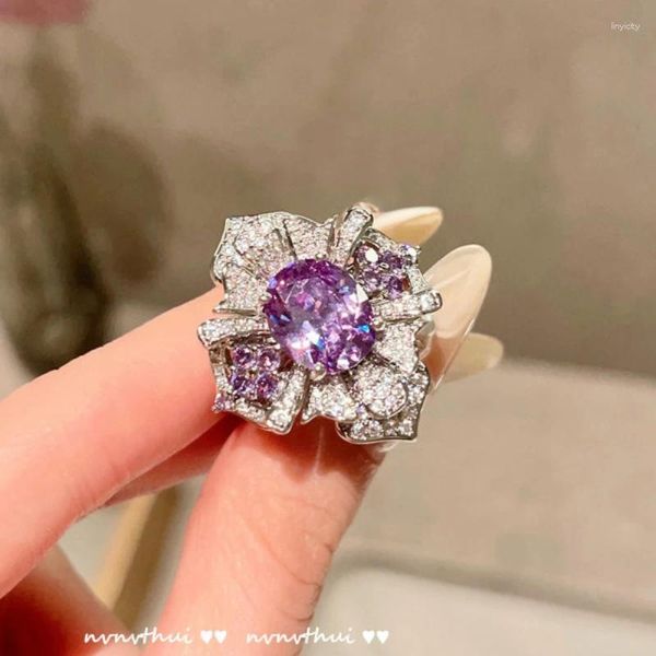 Cluster anéis personalidade elegante violeta ametista anel de noivado mulheres luxo branco banhado a ouro redimensionável vintage festa de casamento jóias