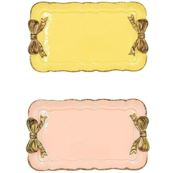 2 pçs europeu retro arco bandeja de armazenamento resina decoração jóias bandeja de frutas cosméticos caixa de armazenamento-amarelo pink219a