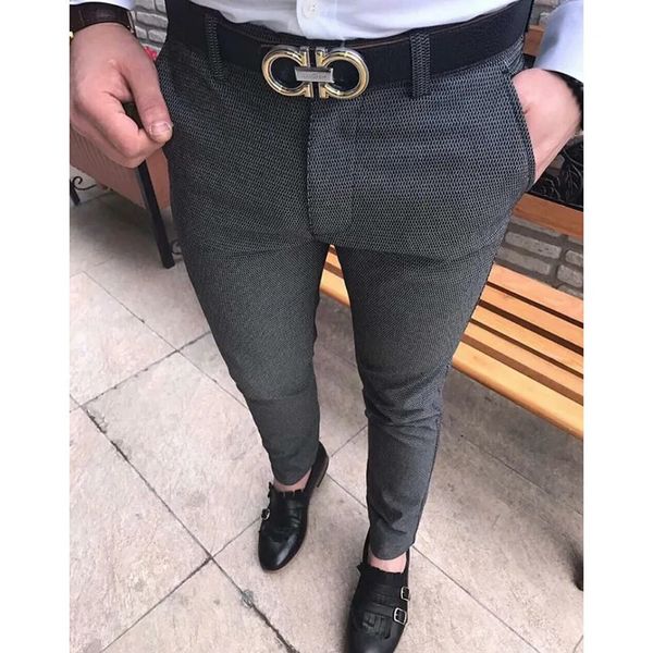 Moda masculina calças casuais negócios sociais fino ajuste apertado calças compridas elasticidade formal terno de escritório vestido streetwear roupas 240227