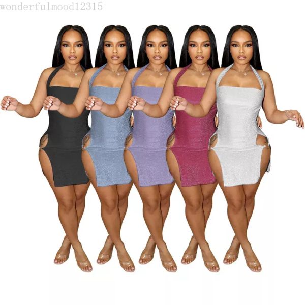 2024 Designer Sexy Minikleid Sommer Frauen Halter Split Kleider Mode Rückenfreies, figurbetontes Kleid Party Nachtclub Tragen Bulk Großhandel Kleidung