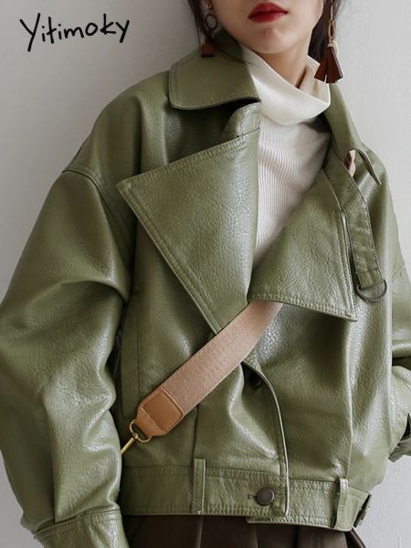 Куртки Yitimoky, новые весенне-осенние зеленые куртки из искусственной кожи, повседневные женские короткие винтажные свободные куртки из искусственной кожи, женские черные, красные кожаные пальто