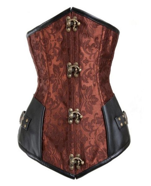 Damen Gothic Steampunk Braun Schwarz 12 Stück Stahlknochen Brokat Jacquard Unterbrustkorsetts mit PU Leder Patchwork Sexy Taille Cinch9381030