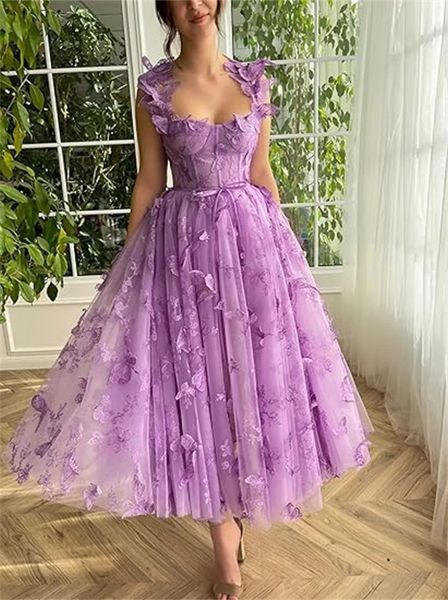 2024 elegante borboleta renda applique tule vestidos de baile para mulheres cintas de espaguete chá comprimento formal vestidos de festa de noite fenda 240227
