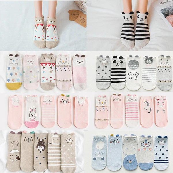 Calzini da donna 5 paia di calzini stile Harajuku simpatico motivo animale gatto coreano felice Kawaii stampa invisibile da donna