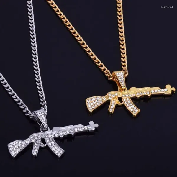 Anhänger Halsketten Hip Hop Punk Raffiniert Stilvolle Iced Out Gold Silber Farbe Legierung Gun Anhänger Halskette Für Männer Rapper Schmuck