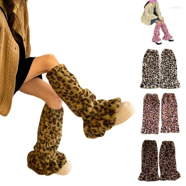 Calzini da donna Leopard Grain Harajuku Polsini per stivali invernali Calzini lunghi più caldi Set giarrettiera in pelliccia