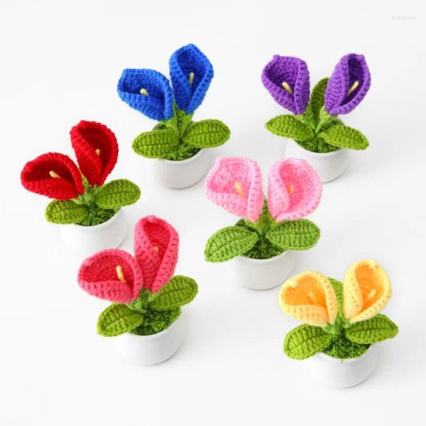 Dekorative Blumen im Mini-Stil, handgewebt, Simulationstopf, Calla-Lilien-Blumenpflanzfaden, gehäkelt, gestrickt, fertiges Heimornament