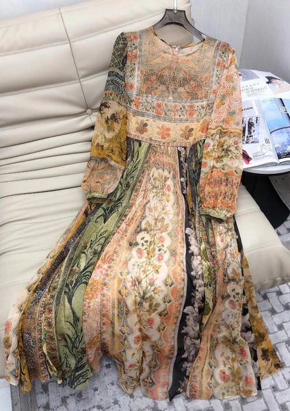 Abiti casual vera seta 2024 Donne da stampa a manica lunga abito midi con spaghetti fodera vintage elegante bohémien di alta qualità