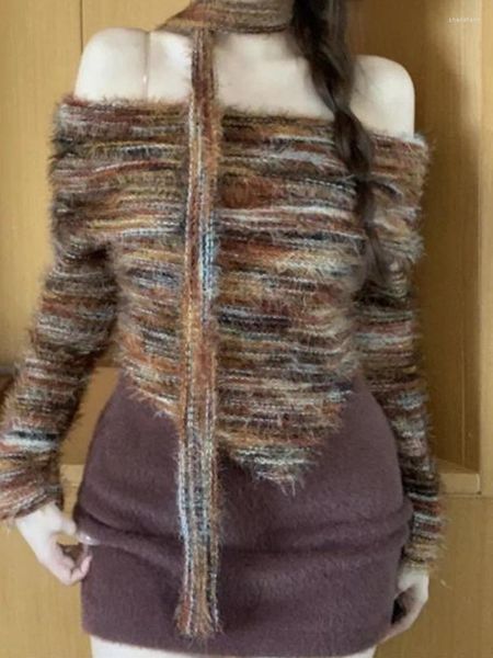 Женские свитера, осенне-зимний свитер с длинными рукавами и лентой, свитер с одной линией выреза, очаровательный пуловер нерегулярной формы, прозрачный контрастный модный POIF