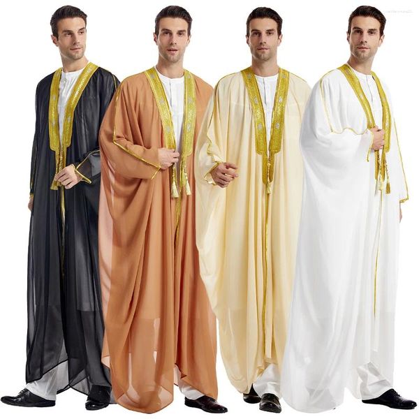 Abbigliamento etnico Arabo Musulmano Uomo Abaya Ricamato Manica lunga Nappa Perline dorate Caftano islamico Galabia Chiffon Uniforme da scapolo