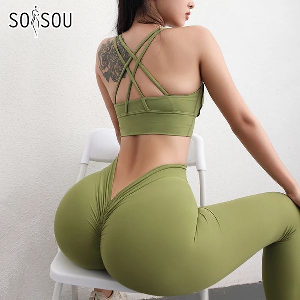 Soisou conjunto de ioga de nylon feminino, agasalho esportivo, academia, leggings, sutiã, almofada no peito, removível, em forma de v, quadril, roupas femininas 240301