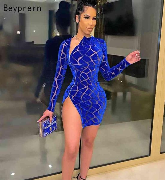 Beyprern chique com zíper mini vestido azul royal feminino manga longa fenda lateral magro veludo curto vestido de festa roupas de aniversário 2109153251127