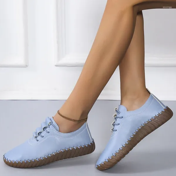 Sapatos casuais 2024 laço azul leffer bege plano anti deslizamento feminino fundo macio tênis de salto