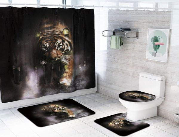 4-teiliges Set Badezimmerzubehör Tiere Wolf Tiger Pfau Löwe Duschvorhang Badteppich-Set Toilettenbezug Badematten-Set Vorhänge2949263