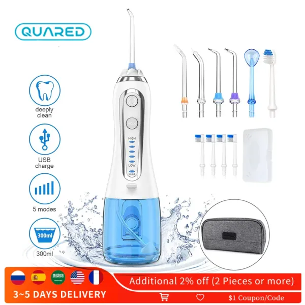 Beyazlatıcı Mavi Oral Irrigator Taşınabilir Torba Elektrikli Su Flosser USB Şarj Edilebilir Profesyonel Dental Flosser 5 Moza Fırçası