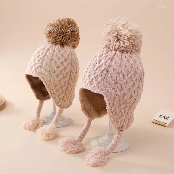 Haarschmuck Winter Baby Mädchen Samt Ohrenschützer Wolle Zopf Hut Gestrickte Pompon Für Kleinkinder