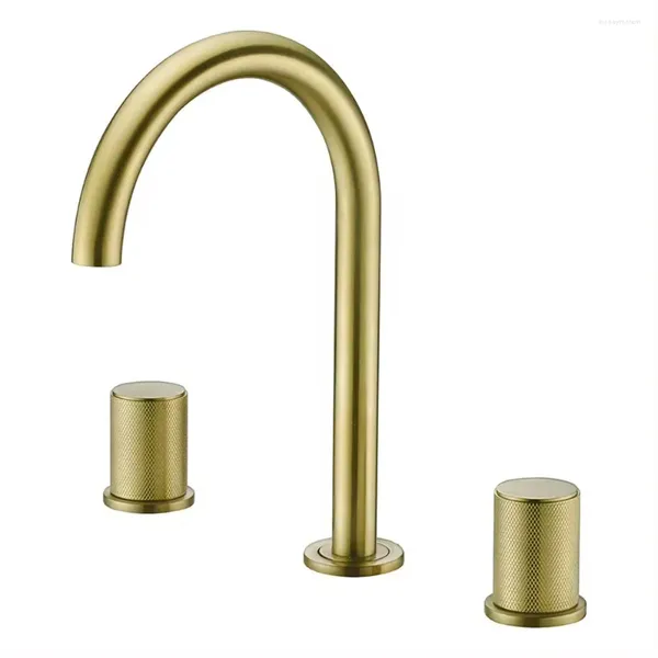 Rubinetti per lavandino del bagno Rubinetto in ottone dorato spazzolato di lusso 3 fori 2 maniglie Rubinetto per lavabo con acqua fredda di alta qualità Lavabo moderno