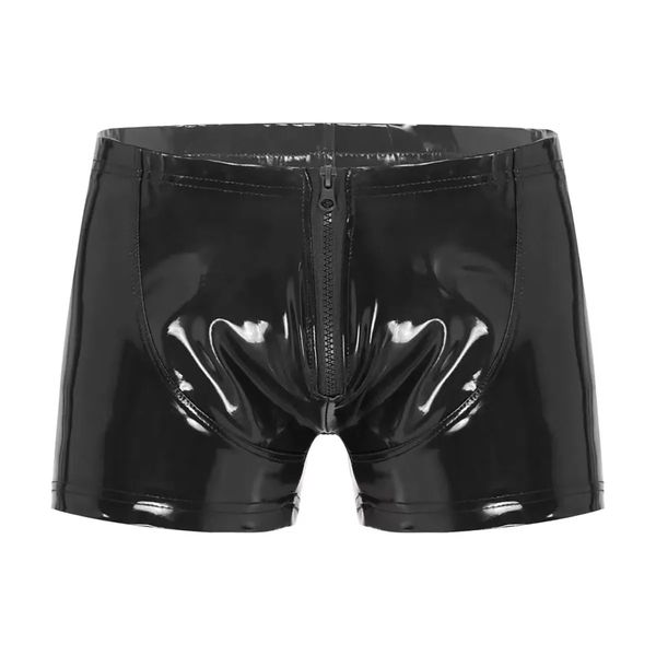 Plus Size Uomo Sexy con apertura sul cavallo Pantaloni corti in pelle per il sesso Lattice lucido modellante Guaina Fetish Boxer Mutande Custodia rigonfia Sexi 240229