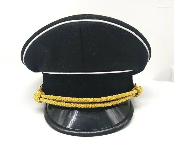 Berets REPRO WWII Alemão Elite Oficial Chapéu Militar Cap Black Chin Pipe Cordão de Ouro
