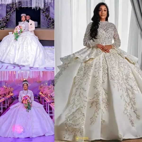 Luxuoso estilo árabe uma linha vestidos de casamento mangas compridas inchado trem princesa lantejoulas brilhantes vestidos de festa de noiva mais