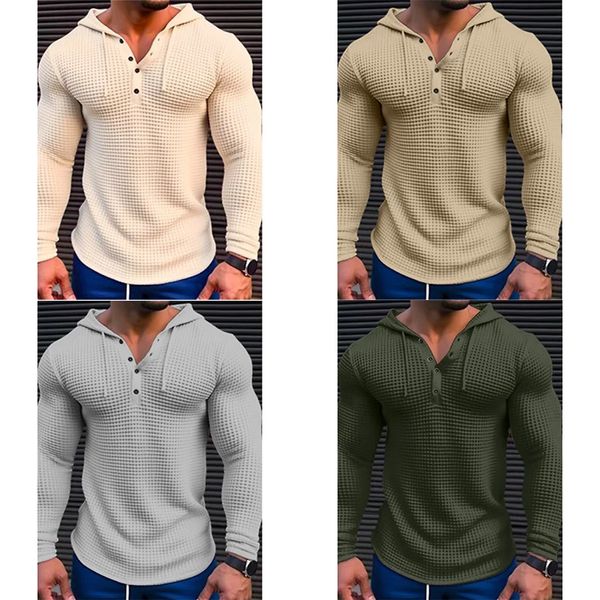 Frühling Einfarbig Slim Fit Langarm T-shirt Herren Kleine Vneck Atmungsaktive Sport Mantel Waffel Baumwolle Casual 240226