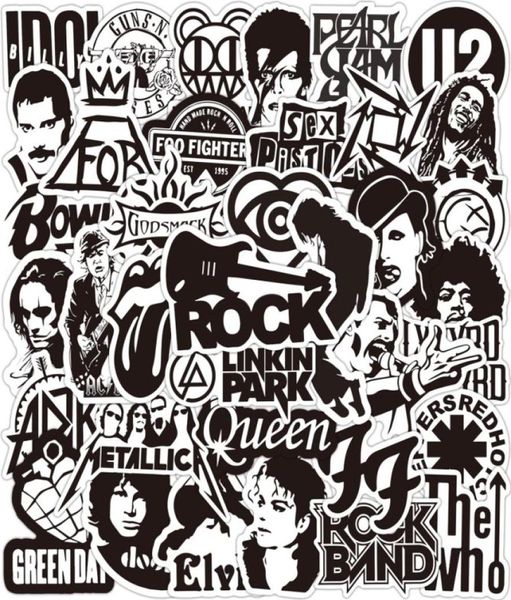 50 Pz / lotto Adesivi Rock Band in bianco e nero Impermeabile Cool Pegatina Graffiti Giocattolo per bambini Skateboard Telefono Laptop Adesivo per bagagli De7798767