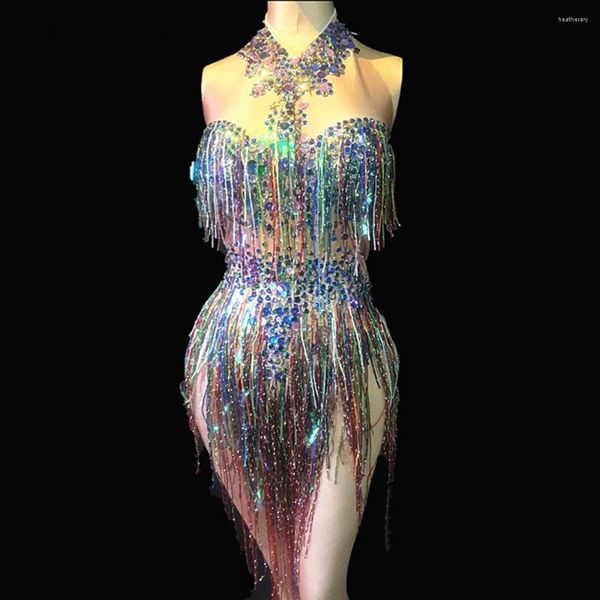 Abbigliamento da palco Frange colorate Costume da ballo per donna Discoteca Cantante femminile Spettacolo Body luminoso con strass