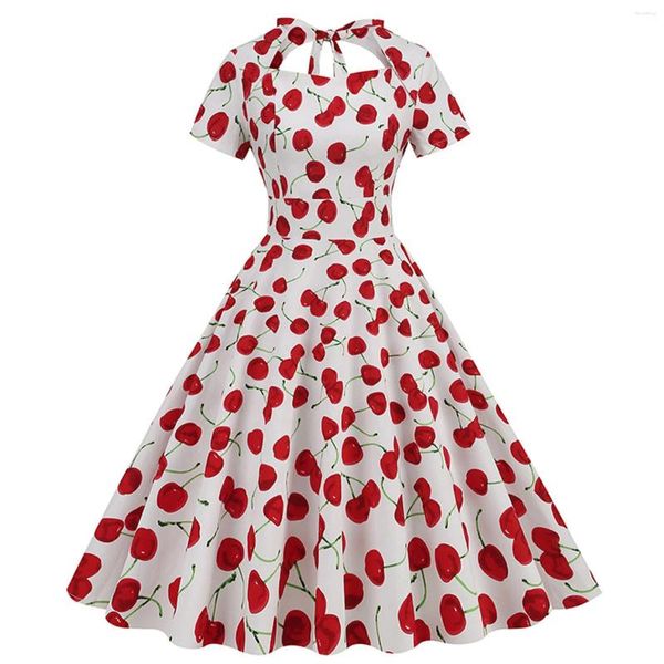 Lässige Kleider Red Cherry Print Sommerkleid für Frauen Elegante Kurzarm Rockabilly Party Vintage Robe Swing A Line