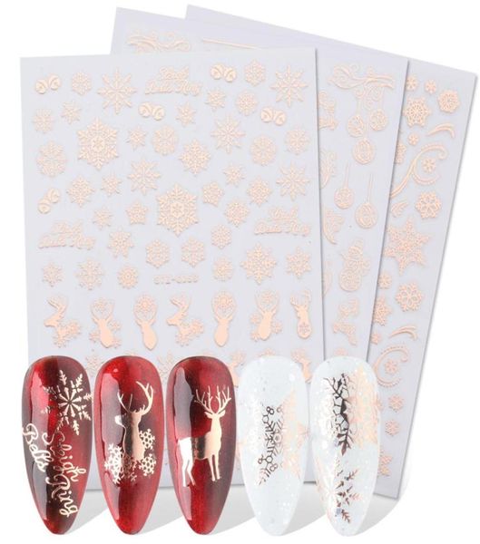 Adesivi per unghie natalizie Decalcomanie 3D Oro rosa Fiocco di neve Alce Modello Decorazione fai da te Strumenti per nail art Accessori per donne Ragazze Bambini3484157