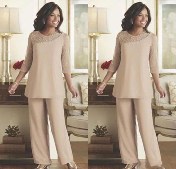 Pantaloni eleganti per la madre della sposa in pizzo 2020 Abiti estivi in chiffon su misura 34 maniche lunghe Abito per gli invitati al matrimonio Abito per la madre3954295