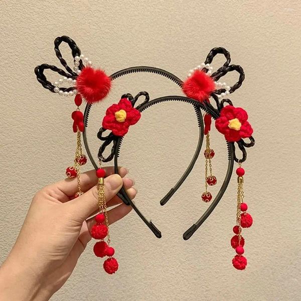 Accessori per capelli Fiore Bambini Parrucca Fascia per capelli Semplice Nappa Treccia Hanfu Bastoncini Peluche Copricapo per bambini Anno cinese Ragazze