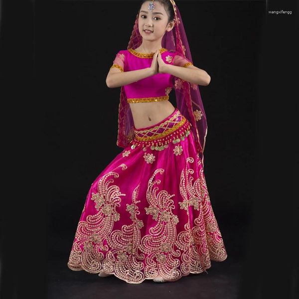 Palco desgaste meninas estilo tradicional chinês xinjiang dança desempenho traje sexy malha lantejoulas bordado rendas crianças barriga terno