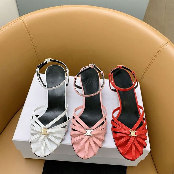 Top Quality Strappy Roman Sandals Kitten Heels Metal Logo Couro Ankle Strap Dress Shoes Luxury Designer Heels Sandálias Womens Factory Calçado