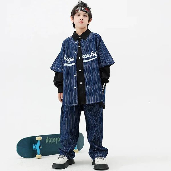 Kinder Jungen Mädchen Streifen Denim Shirts Hosen Anzüge Sets Mode Streetwear Baseball Hemd Hose Kinder Trainingsanzüge Hip Hop Kleidung 240226