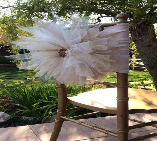2015 Big Flowers Crystal Beads Romantic Hand Made Tulle Ruffles Chair Sash Chair Covers Wedding Decorations Wedding Accessories2113673