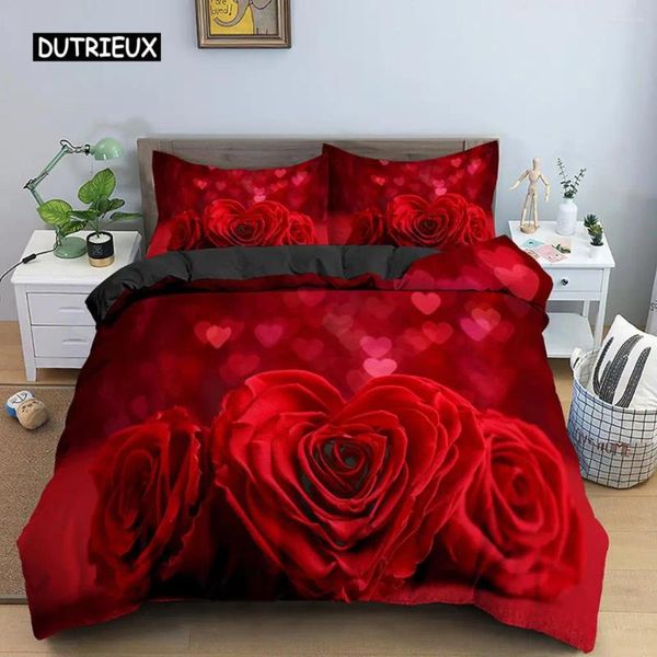 Yatak Seti Sevgililer Günü Düğün Seti 2/3 PCS Lüks Gül Love Love Heart Yorgan Kapağı Kral Microfiber 3D Kırmızı Baskı Yorgan