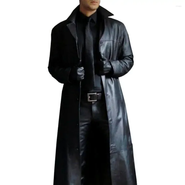 Trench da uomo Giacca in ecopelle da uomo Cappotto streetwear con colletto rovesciato Design antivento Vestibilità slim lunga per solido