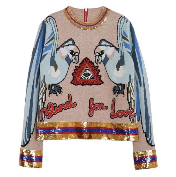İlkbahar Sonbahar Pist Nakış Sizen Örgü Sweaters Moda Parrot Jacquard Uzun Kollu O Boyun Kadınlar Pullover Jumper4163866