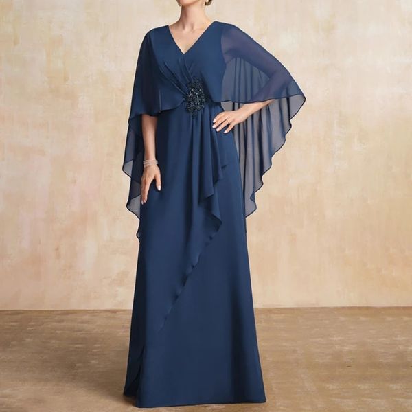 Marineblaues Kleid für die Brautmutter mit V-Ausschnitt, Perlen verziert, kaskadierende Rüschen, Chiffon, Damen-Hochzeitsgast-Bräutigam-Kleider 2024 Robe De Soiree