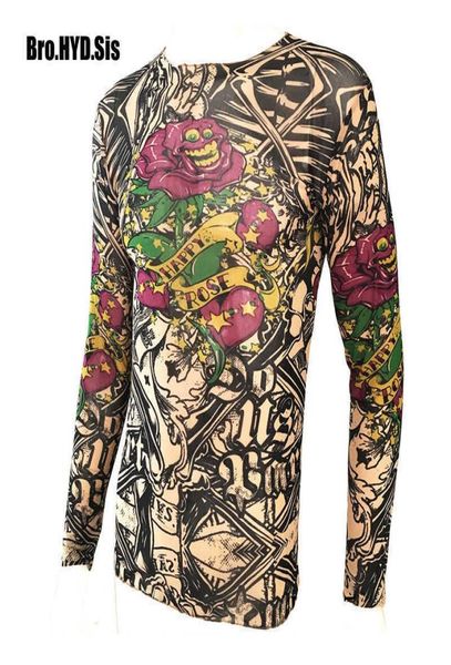 Engraçado manga longa tatuagem falsa camisetas em toda a impressão homens mulheres artes camisa elástica slim fit modal fino roupas de halloween 2106299471720