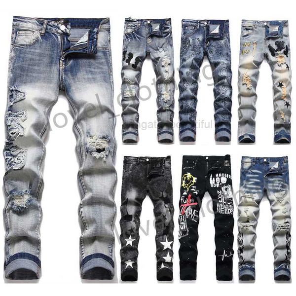 Jeans viola da uomo Jeans firmati pantaloni da donna neri distrutti Jeans skinny da motociclista dritti in denim sottile moda Casual Hip-hop Zipper da uomo strappato Hole