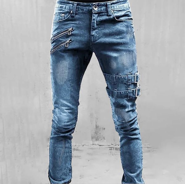 Erkek Pantolon Orta-Rase İnce Fit Yırtık Kot Pantolon Moda Moda Satış Kıyafetleri için Günlük Düz Bacak Pantolonları 240226