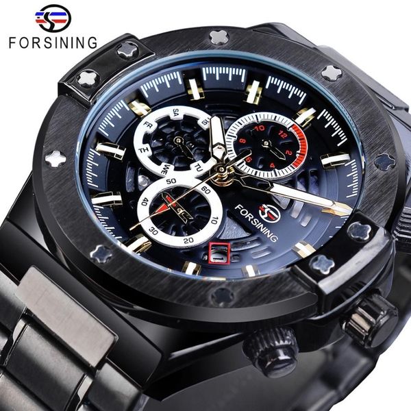 Forsining Racing Uomo Orologio meccanico Studenti automatici Gioco Run Calendario Maschile Glow Hands Cintura in acciaio inossidabile nero Orologio da uomo299q