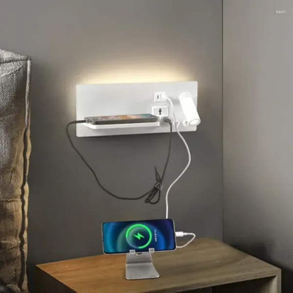 Duvar lambası Kablosuz Şarj Yatağı USB TYPEC Port Döner LED Okuma Işık Anahtarı Sconce Çalışma Yatak Odası Spot Işık