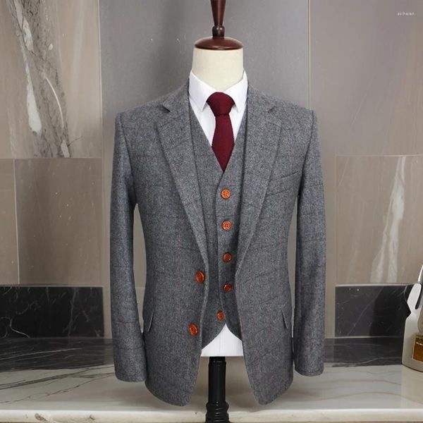 Abiti da uomo in lana stile britannico per uomo 2024 tweed a spina di pesce 3 pezzi smoking da sposo grigio slim fit da sposa (giacca pantaloni gilet)