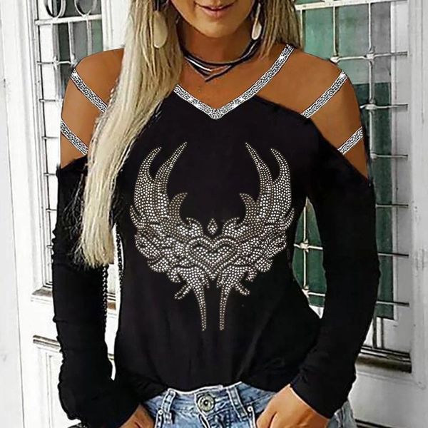 Blouses feminina Mulheres Sexy Streetwear Tops Vos de capa longa de manga longa perfuração de ombro de ombro casual camiseta de outono de outono camisetas de passageiro